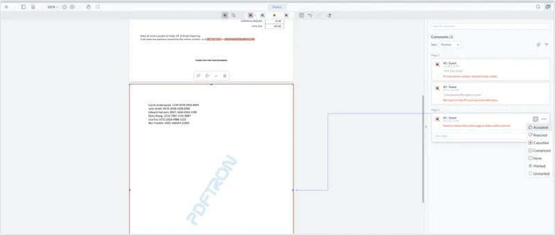 Use annotations with comments to enable review and approval of redactions.