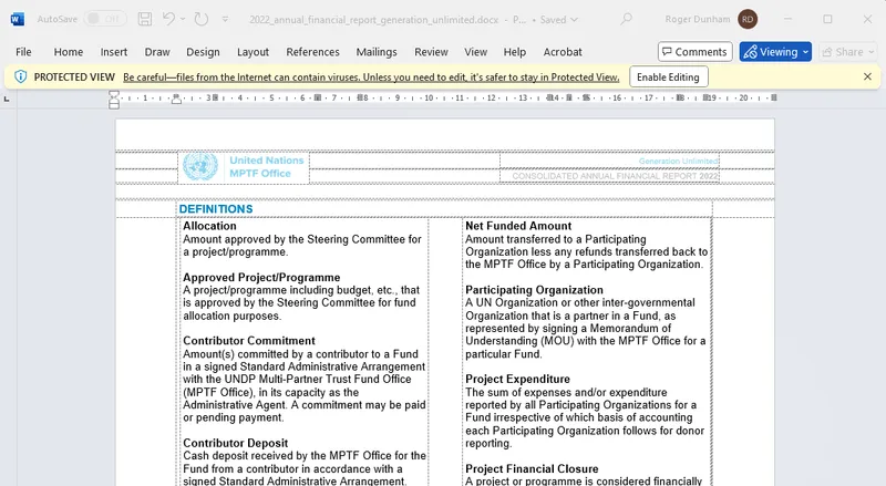 A DOCX file opened in Word in Viewing mode