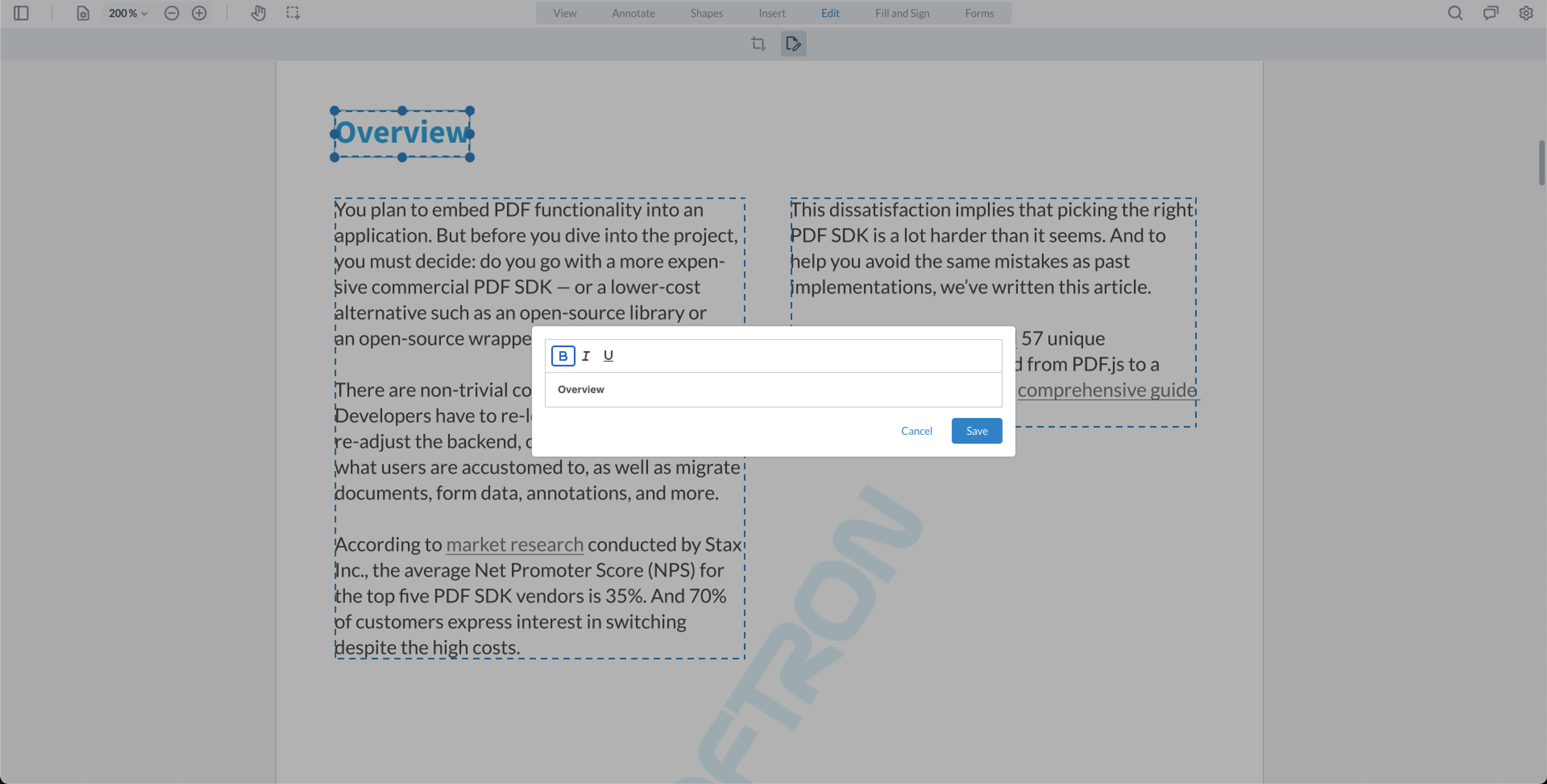 Opening the editor modal in WebViewer to edit PDF text