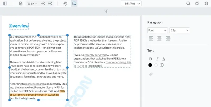 WebViewer's state-of-the-art PDF text editor