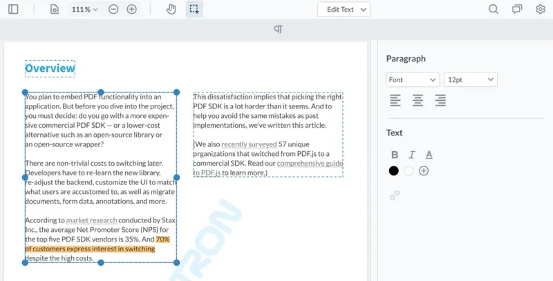 WebViewer's state-of-the-art PDF text editor