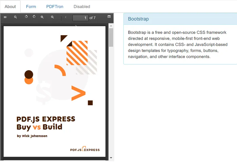 Interface with tabs for About, Form, PDFTRON, Disabled above the front page of a pdf with title "PDF.JS EXPRESS Buy VS Build by Nick Johansson"