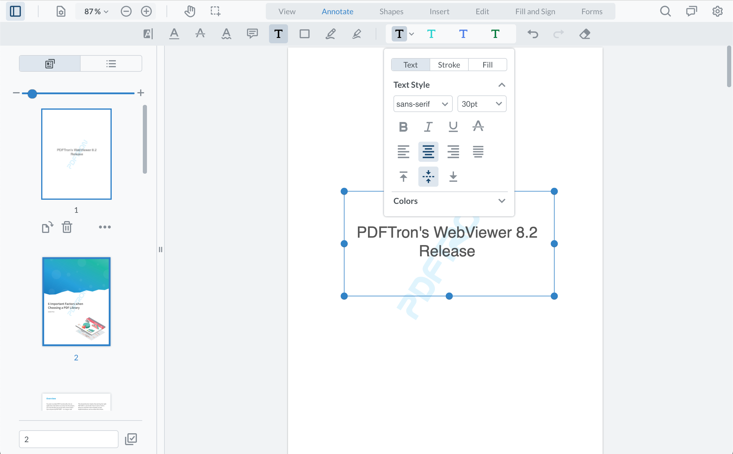 With free text annotation, select fonts, justification, alignment, and colors to customize the content.