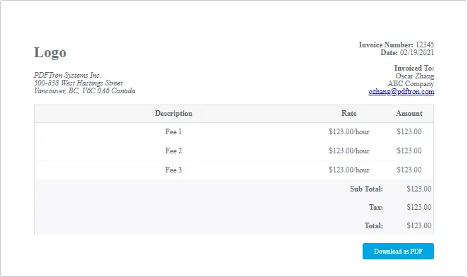 HTML to PDF in JS: Invoice template example view
