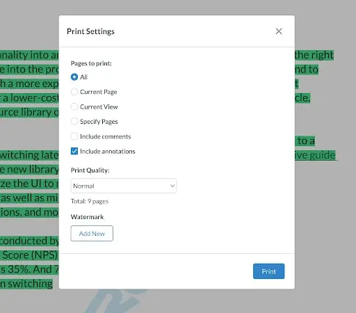 The refreshed print modal.