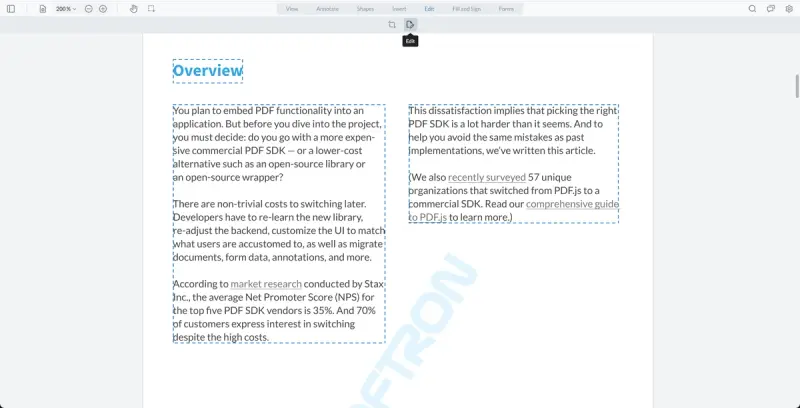 PDF text becomes editable paragraph boxes