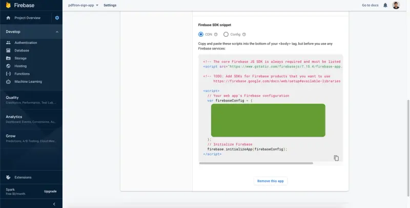 Image of the settings in your Firebase app