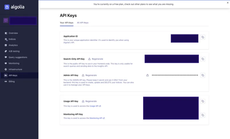 Image of API Keys tab in your Algolia Dashboard