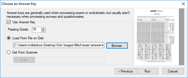 Selecting and configuring the answer key