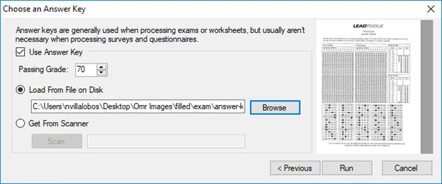 Selecting and configuring the answer key