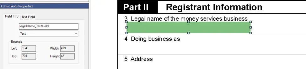 screenshot of the "Form Fields Properties" window showing the user editing the Field Info.