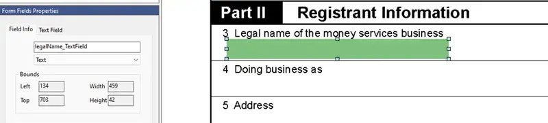 screenshot of the "Form Fields Properties" window showing the user editing the Field Info.