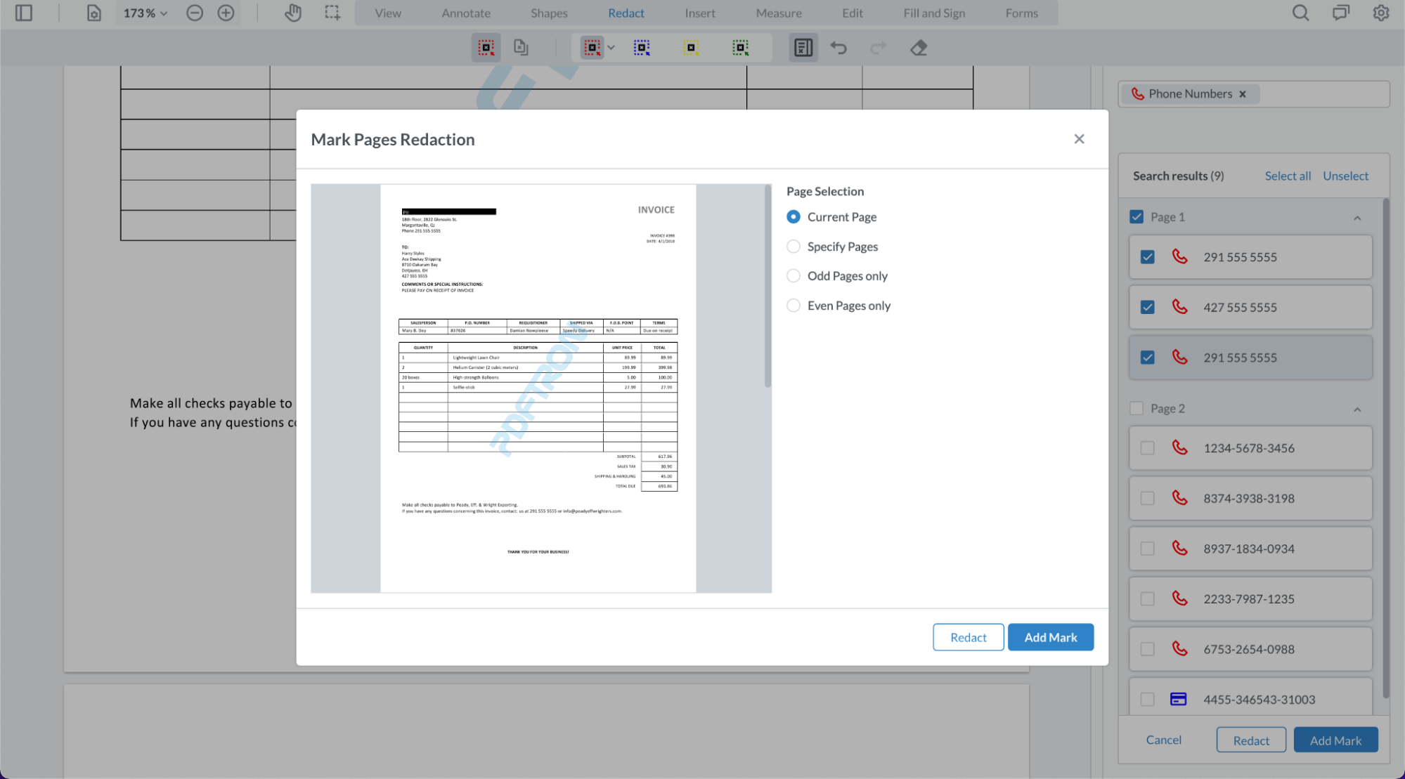 Image of the Mark Pages Redaction dialog box