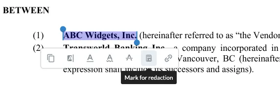 Areas marked for redaction with redaction annotations