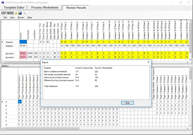 Processed results with answers highlighted yellow for review