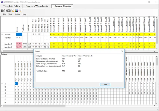 Processed results with answers highlighted yellow for review