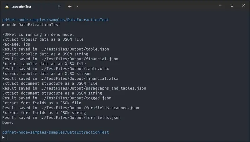 Terminal showing output of running data extraction tests