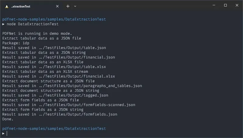 Terminal showing output of running data extraction tests