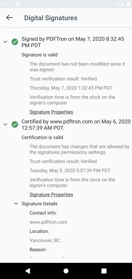 UI panel for seeing PDF digital signature validation results