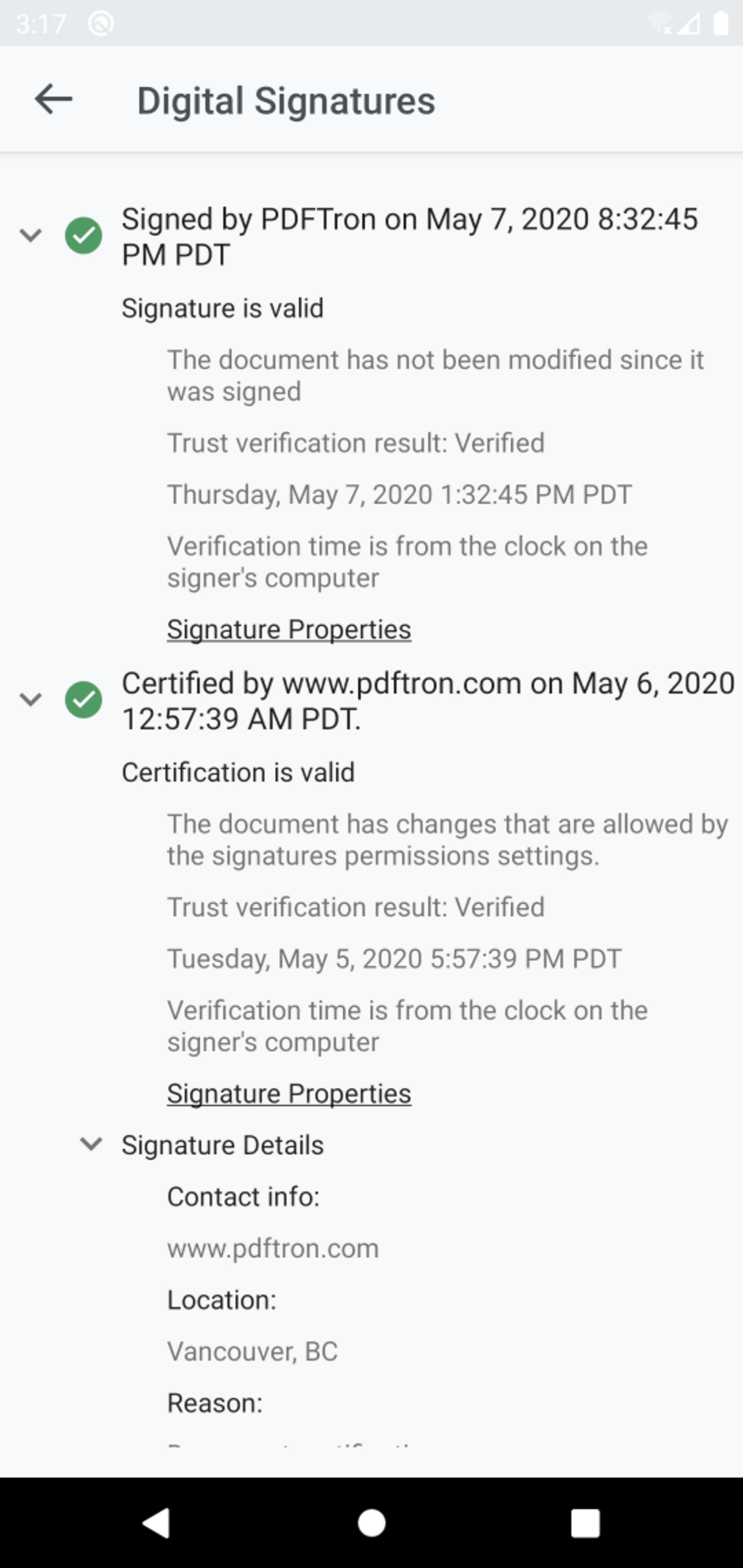 UI panel for seeing PDF digital signature validation results