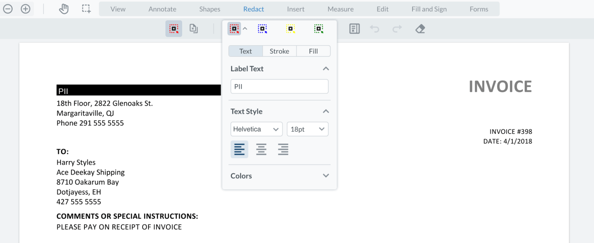 Image of WebViewer page with redaction labels