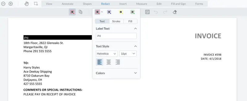 Image of WebViewer page with redaction labels
