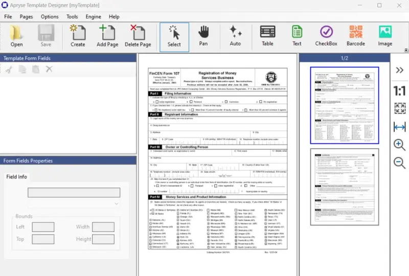 a screenshot of the Template Designer interface with a form loaded, using the tools to select fields.