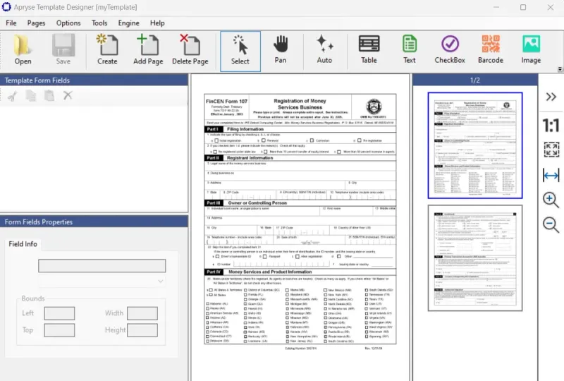 a screenshot of the Template Designer interface with a form loaded, using the tools to select fields.