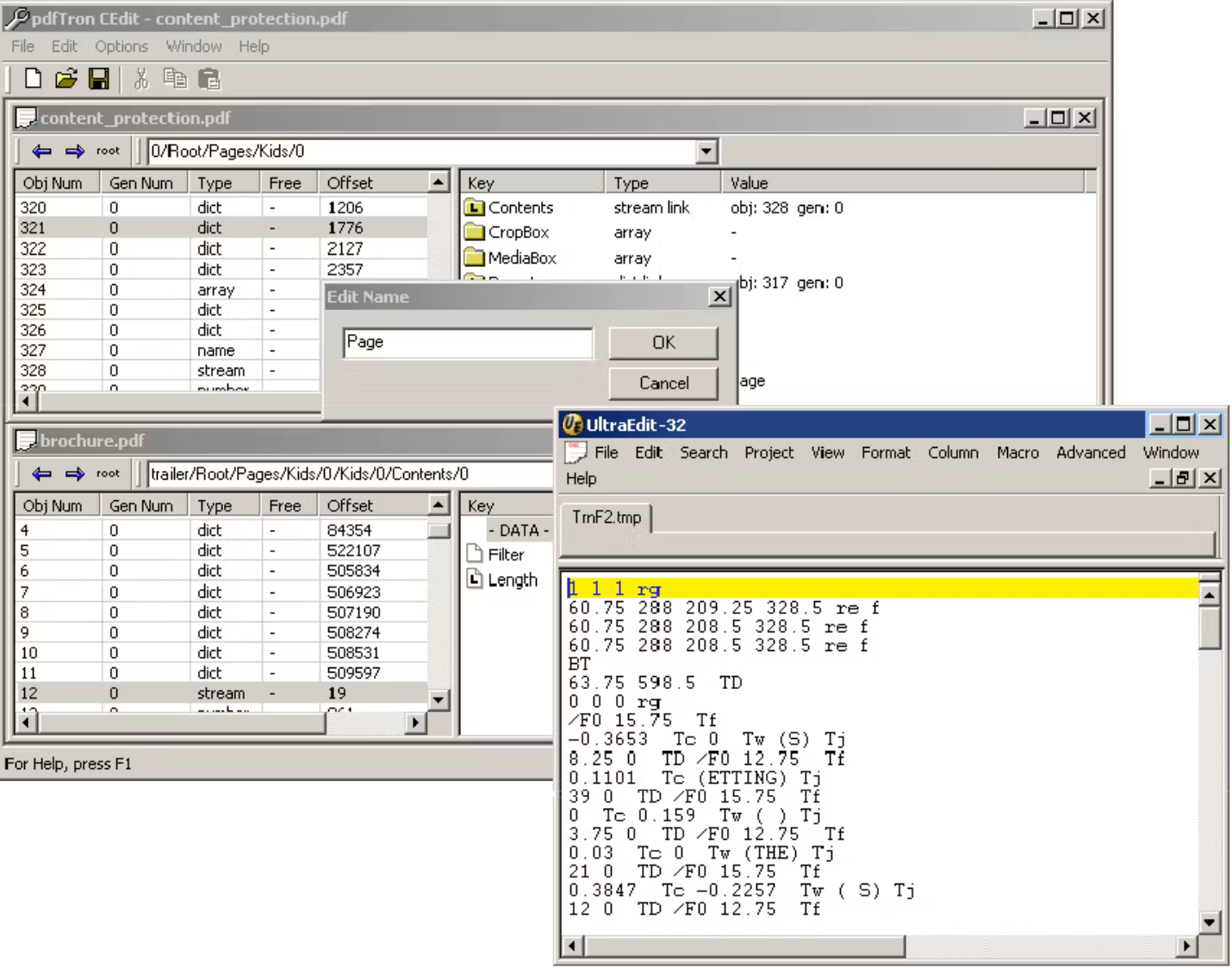 CosEdit tool for inspecting the objects of a PDF file.