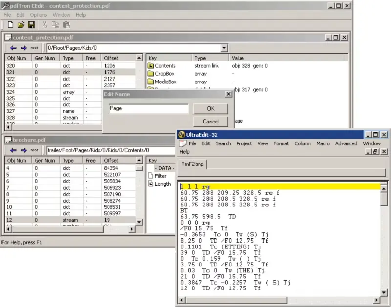 CosEdit tool for inspecting the objects of a PDF file.