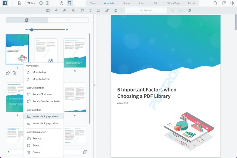 Use the context menu to insert a blank page and use all-new rich text editing for annotations.