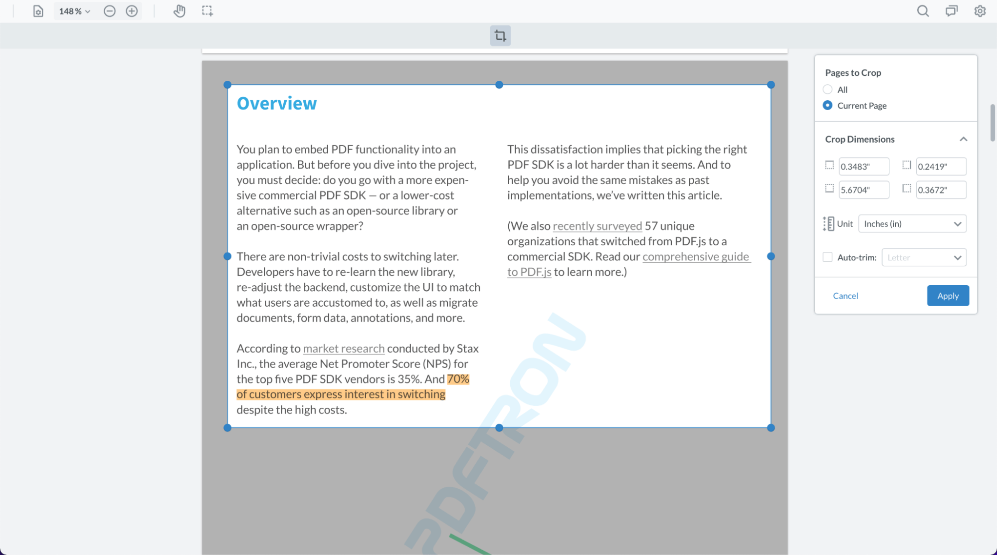 Image of WebViewer using the crop page feature