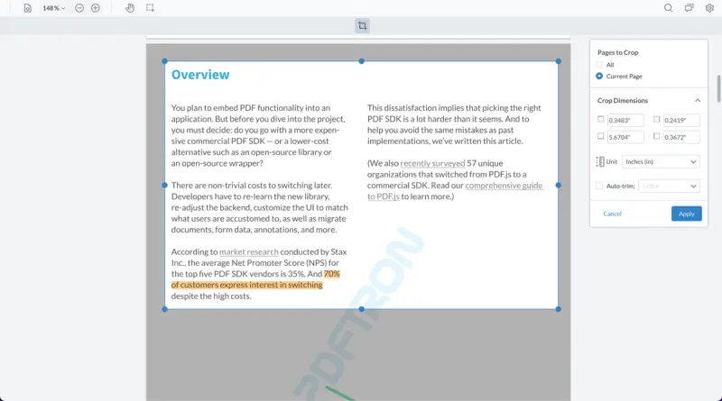 Image of WebViewer using the crop page feature