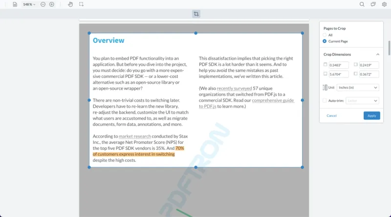 Image of WebViewer using the crop page feature