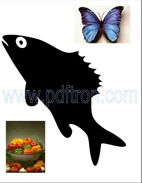 A picture of a fish outline with two other images as stamp annotations