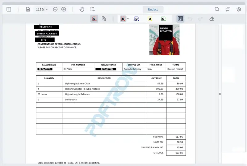 Image of a redaction annotation on a photo and fields