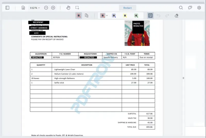 Image of a redaction annotation on a photo and fields