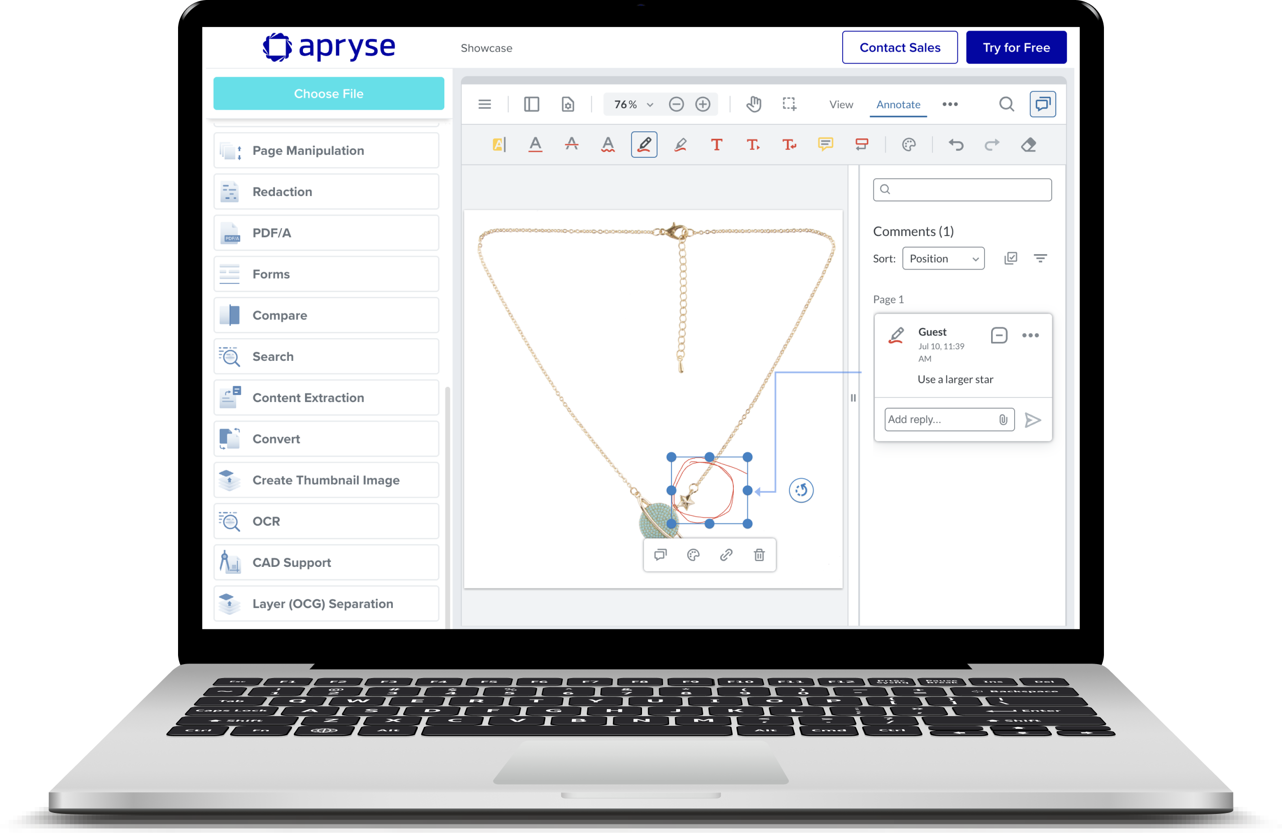 mockup of a laptop showing a product image with an annotation, showing customer request, illustrating collaboration between buyer and seller.