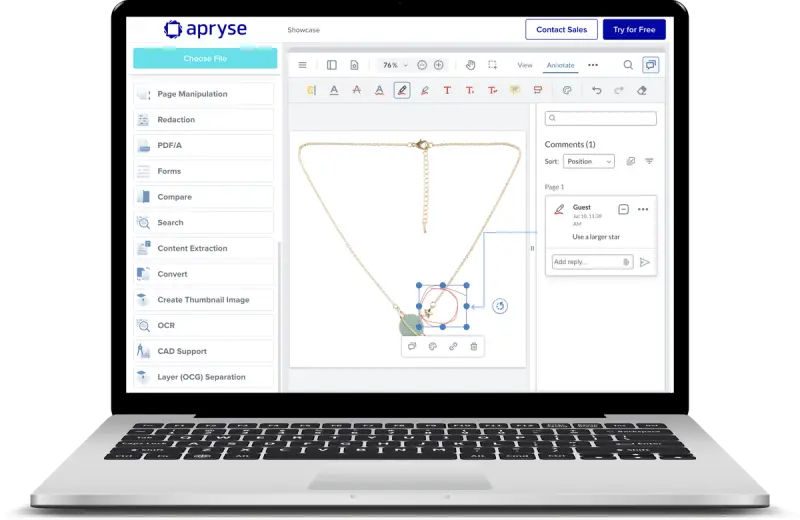 mockup of a laptop showing a product image with an annotation, showing customer request, illustrating collaboration between buyer and seller.