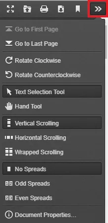 A narrow set of navigation items in a dropdown, with a red box on top right over the chevron icon.