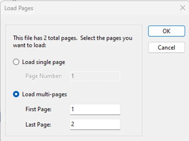 screenshot showing "Load Pages" window with OK and Cancel selections.