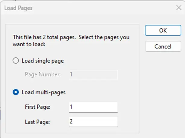 screenshot showing "Load Pages" window with OK and Cancel selections.