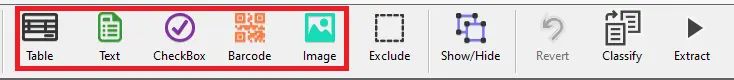 screenshot of the toolbar, with the types of fields available including table, text, checkbox, barcode, and image.