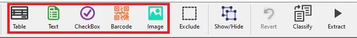 screenshot of the toolbar, with the types of fields available including table, text, checkbox, barcode, and image.