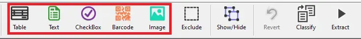 screenshot of the toolbar, with the types of fields available including table, text, checkbox, barcode, and image.