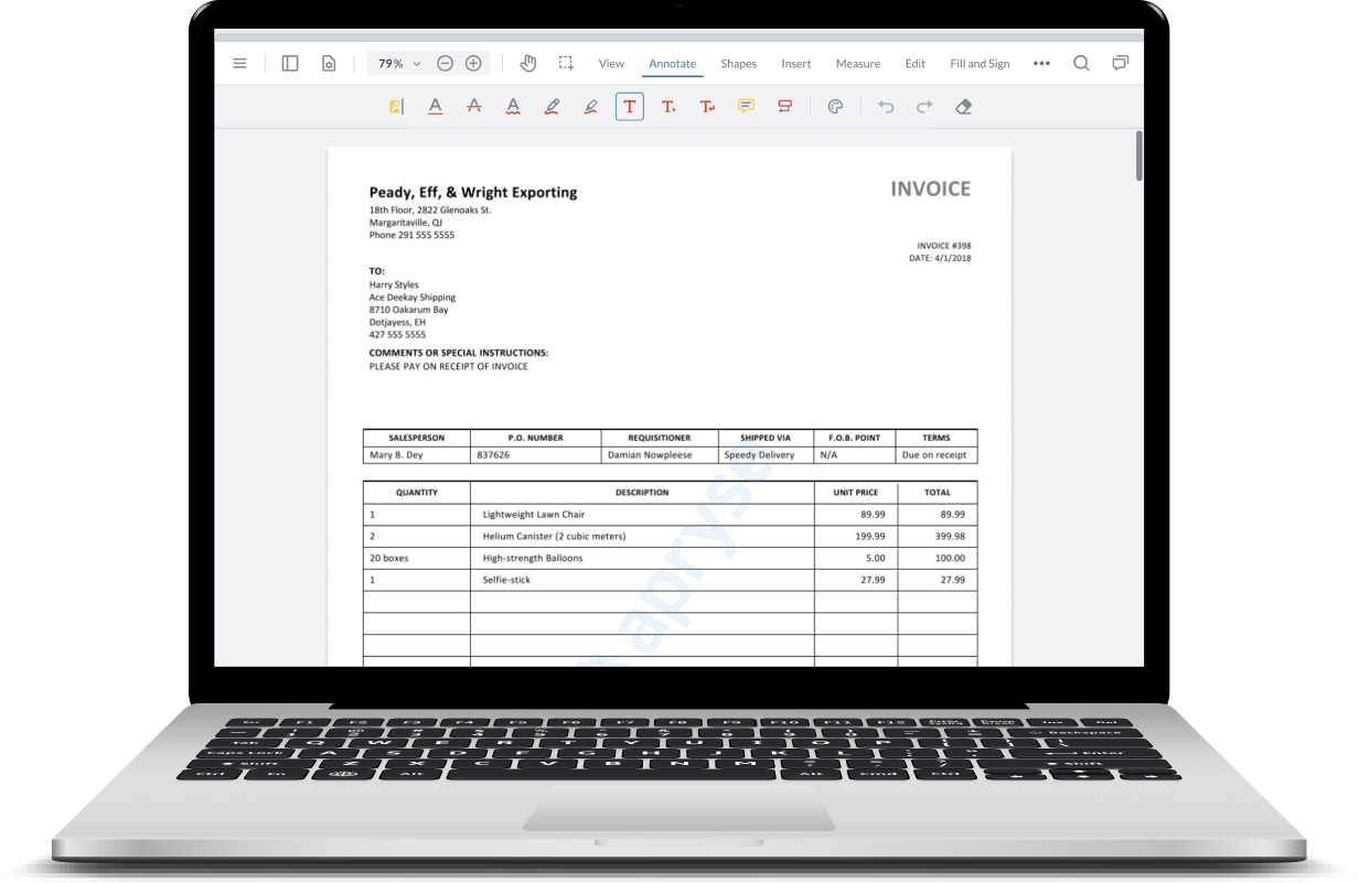 mockup of a laptop showing a generated invoice