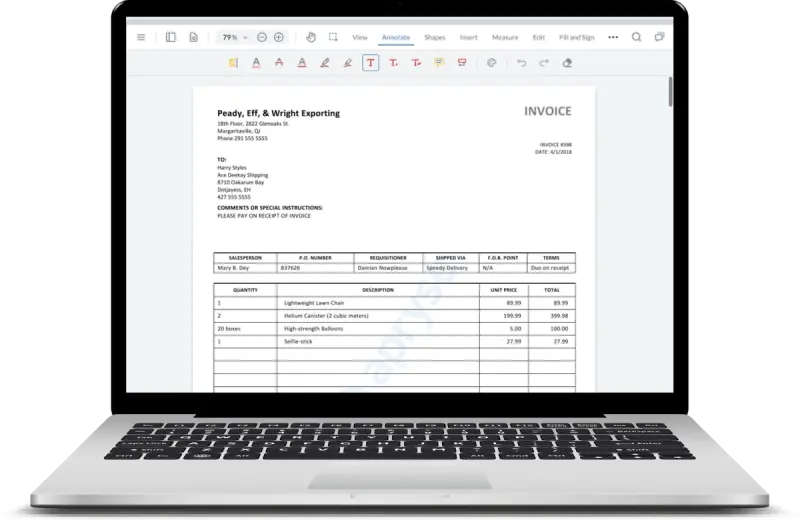 mockup of a laptop showing a generated invoice