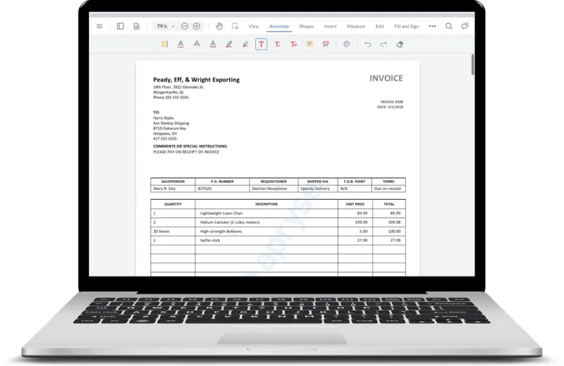 mockup of a laptop showing a generated invoice