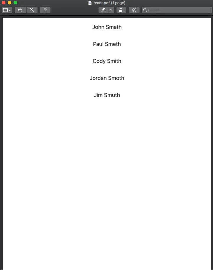 Resulting PDF created via the React PDF generator