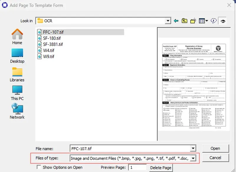 screenshot showing the "add page to Template Form" file selection window.